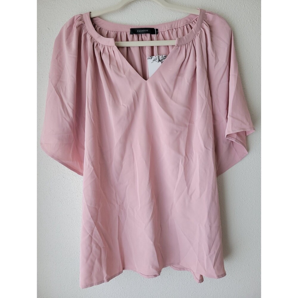 YIBOCK Pink Chiffon Blouse Womens Large V Neck Flutter Sleeve Tunic Top NWT